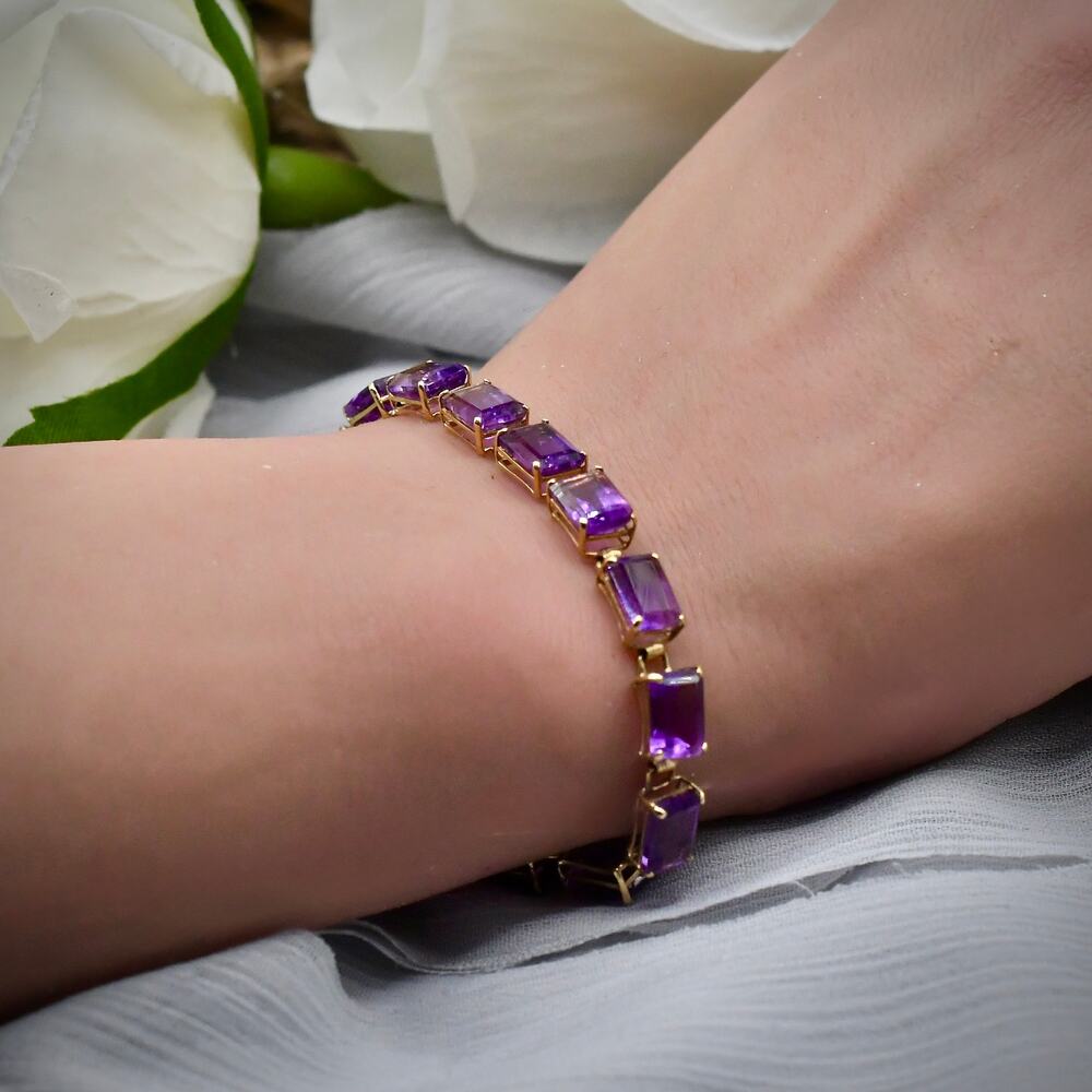 14K Gold 7x5mm Emerald Cut Deep Purple Amethyst Tennis Bracelet 6" Petite 6.3g